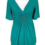 ECI NEW  Teal Small Jeweled Short Sleeve Blouse Photo 0