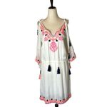 RD & Koko White And Pink Embroidered Rhinestone Tassel Cold Shoulder‎ Dress S Photo 2