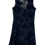 New XS rosette mini party dress black velvet flowers black lace crochet dress Blue Photo 0