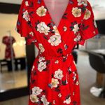 Red Floral Faux Wrap Skort Romper. Size Small Photo 0