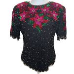 Laurence Kazar  Vintage Black Beaded Sequin Holiday Top Blouse XL Poinsettia Xmas Photo 1