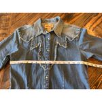 Wrangler  Retro Denim Fringe Western Cowgirl Pearl Snap Shirt Women Small Aztec Photo 4