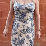 Cider Blue White Chateau Toile Pattern Corset Bodysuit Tank And Mini Skirt Set Photo 0