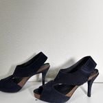 Luna Pedro Garcia  Navy Suede Cut Out Peep Toe Platform Heels Size 39 / 8.5 Photo 3