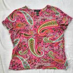 Ralph Lauren Lauren Women’s Paisley Beaded Top Hot Pink T-Shirt Bold Boho sz L Photo 0