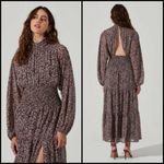 ASTR ππ Mock Neck Smocked Waist Maxi Dress ~ Brown & Purple Ditsy Floral M NWT Photo 2