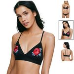 PINK - Victoria's Secret NWOT  Black Triangle Bralette with Red Rose Embroidery Photo 1