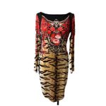 Roberto Cavalli  Red and Black Long Sleeve Silk Dress Photo 14