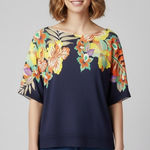 Talbots  Floral Print Top Woman 1X Blue Short Sleeve Casual Colorful Boho Comfy Photo 0