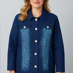 Quacker Factory  Denim Jacket 1X Blue Leopard Print Rhinestone Buttons Photo 0