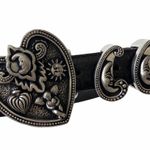 Vintage: Vincenza ☾ ©1997 Celestial Etched Metal Buckle Belt ☾ Black Leather Size 28 Photo 3
