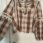 American Eagle Outfitters Brown Plaid Lace Blouse Photo 7