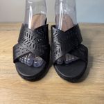 Lucky Brand  Keela Black Leather Wedge Sandals 8W 38‎ Espadrille Cutout Heels Photo 2