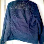 Chico's platinum stretch denim jacket with rhinestone detail on shoulders Photo 0