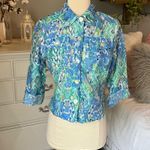 Ruby Rd  Blue Floral Button Down Front Blouse Womens 6P Linen Coastal Grandma Photo 9