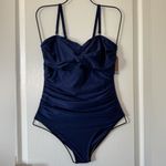 Smismivo Strapless One Piece Tummy Control Swimsuit Ruched Bandeau Navy Blue S Photo 2