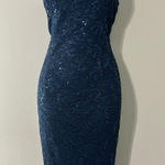 Alex Evenings  Navy Lace Sequin Square Neck Sheath Evening Dress Size 14 Photo 0