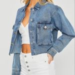 Love Tree Denim Jacket Cropped Cargo Pocket Raw Hem Blue Distressed Light Blue Jean Denim Photo 5