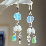 Handmade quality Czech glass beads mix & natural freshwater pearls & fish dangle earrings🩵🐟 Photo 1