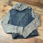 Free People Women 's Mixed Media Hooded Distressed Denim Jacket Sz XS FLAW Photo 4