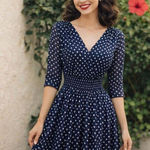 Women's Dress Polka Dot Navy coquette rockabilly preppy classic modest hepburn 6 Blue Photo 0