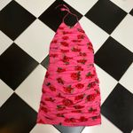Sau Lee  Sonia Ruched Open Black Mini Dress Rose Floral Pattern Hot Pink Red sz10 Photo 5