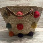 Thacker NYC Straw Shoulder Bag Pom Poms Beach Pool Boho Tan Photo 0