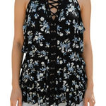 White House | Black Market Black Floral Tiered Grommet Lace Up Top EUC Size Small Photo 0