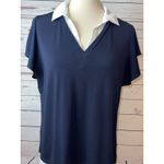 Adrianna Papell Twofer knit sweater blouse size Large Pullover Navy blue Ruffle Photo 2