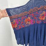 Free People  Embroidered Floral Mesh Navy Blue Boho Oversized Top Kimono Sleeve‎ Photo 2