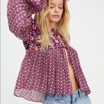 Free People  Malia Babydoll Jacket Top S Tie Neck Floral Embellished Berry Combo Photo 3