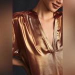 Anthropologie  Gold Copper Metallic Shimmer Foil Blouse V-Neck Size Medium M Photo 3