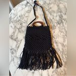 Danielle Nicole EUC Black Crochet Macrame Boho Bag with Fringe & Wooden Handle Photo 5