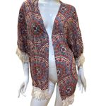 No Boundaries  Blue Peach Orange Fringe Paisley Boho Elephant Floral Jacket Photo 2
