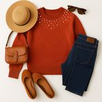 BloomChic Rust Orange Pearl Embellished Sweater Size 10 Feminine Knit Top in EUC Photo 2