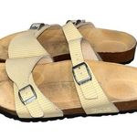 Birkenstock Birki's Aziza Yellow & White Two Strap Slides Sandals 39 8 Narrow Photo 0