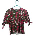 ZARA Womens Floral Puff Tie Short Sleeve Cotton Top Pink Green Small Photo 1