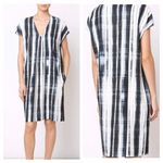 Vince Watercolor Blue Brushstroke Printed Split Neck Oversized Tunic Dress Small Photo 1