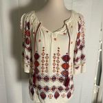 Fig and Flower Embroidered Boho Peasant Top Tassel Tie Blouse Medium Red Photo 0