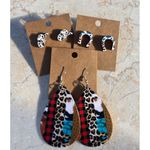 Cowgirl Set Of 3 Pairs Of Earrings: Teardrop Faux Leather & Studs With Cow Print Red Photo 1