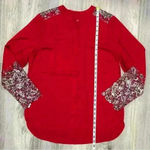 Venus  Red Satin Black Crochet Lace Button Up Top Long Sleeve Blouse Size 12 Photo 1