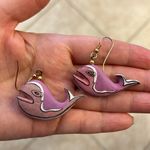 Handmade handpainted wood Whales dangly earrings, lightweight, pink Photo 2