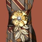 “Dainty Dapper”Striped Brown and maroon Necktie necklace with Gold Brooch Photo 1