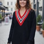 Almost Famous Black Red White Sweater Dress Distressed V-Neckline Size Medium Photo 11