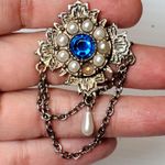 Gold Tone With Blue & Faux Pearl Victorian Design 2" Vtg Photo 0
