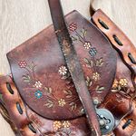 Vintage 70s Handmade Hand Tooled Cowhide Leather Crossbody Handbag Purse Flowers Brown Photo 7