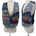 Vintage Noahs Ark Needlepoint Embroidered Animals Vest Open Front Blue Womens L Size L Photo 0