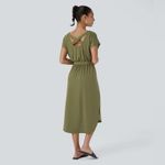 Halara NEW- Boat Neck Short Sleeve Backless Crisscross Curved Hem Midi Dress Photo 4