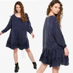 Free People  Washed Ashore Indigo Blue Textured Ruffle Hem Peasant Dress  Sz M🧡 Photo 11