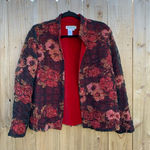 Coldwater Creek  Floral Sheer-Overlay Open Front Jacket black red‎ petite medium Photo 0